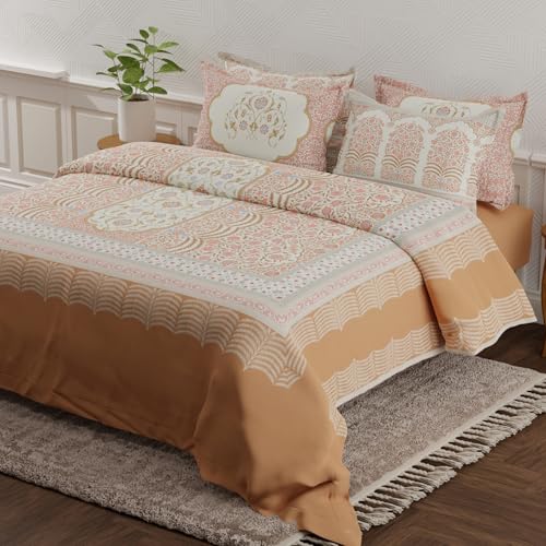 Image of BOUTIQUE LIVING Platinum Pulse 100% Cotton 800 TC Brown & Red Digital Meenakari Print King Bedsheet with 4 Pillow Covers