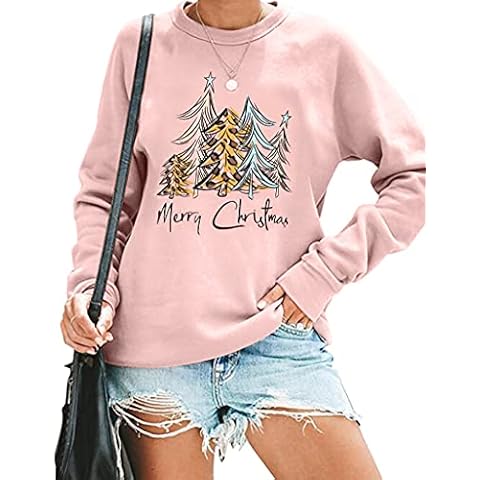 KIDDAD Christmas Sweatshirts for Women Merry Christmas Sweatshirt Funny Christmas Trees Graphic Holiday Party Pullover Tops Pink Cover