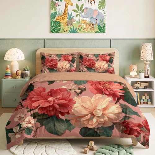Linge de lit rose pêche 240 x 260 cm imprimé floral avec zip