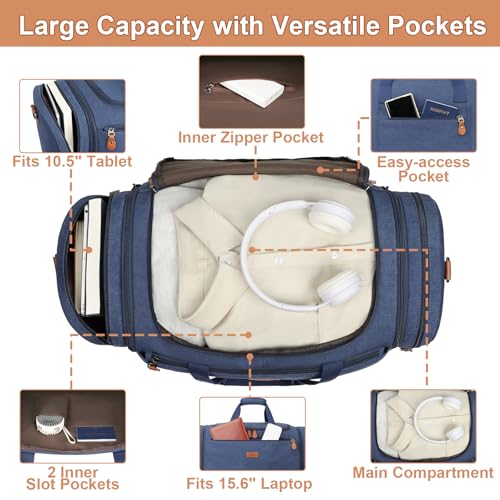 Image of Canvas Mens Duffle Bag for Travel - Expandable 50L Weekender Bags with Toiletry Bag, Overnight Bag Travel Duffel Carry On Luggage with Removable Shoulder Strap, Durable & Water-Resistant