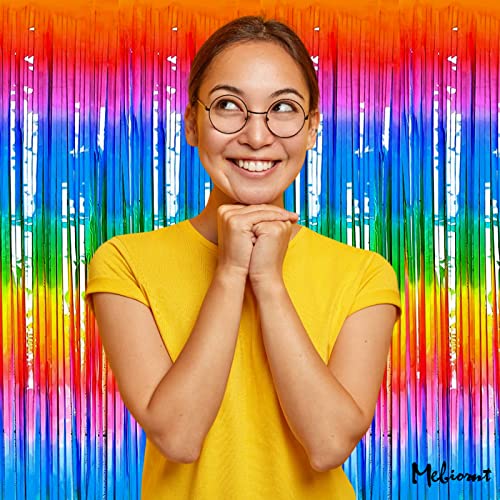 Image of 4 Pack Dark Rainbow Fringe Curtain Backdrop, 3.2Ft x 9.8Ft Metallic Tinsel Foil Fringe Streamers Background for Photo Booth Birthday Wedding Baby Shower Carnival Easter Mother's Day Party Decorations