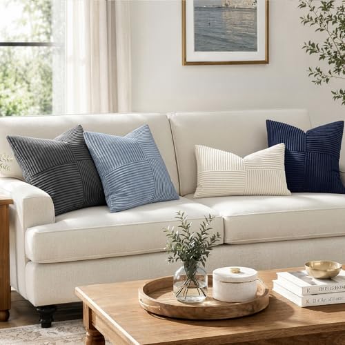 Image of MIULEE Coastal Dustyblue Decorative Throw Pillow Covers 18x18 Inch for Couch Bed Sofa Pack of 2 Summer Boho Farmhouse Throw Pillows Soft Cross Corduroy Patchwork Textured Cushion Cases