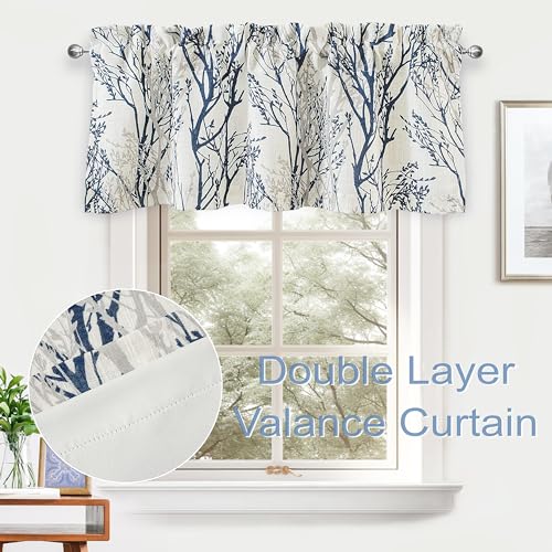 Driftaway TREEB5214BLUE Tree Branch Linen Lined Valance Double Layer Thermal Insulated Room Darkening Blackout Valances 3 Inch Rod Pocket Short Window Valance thumb #1