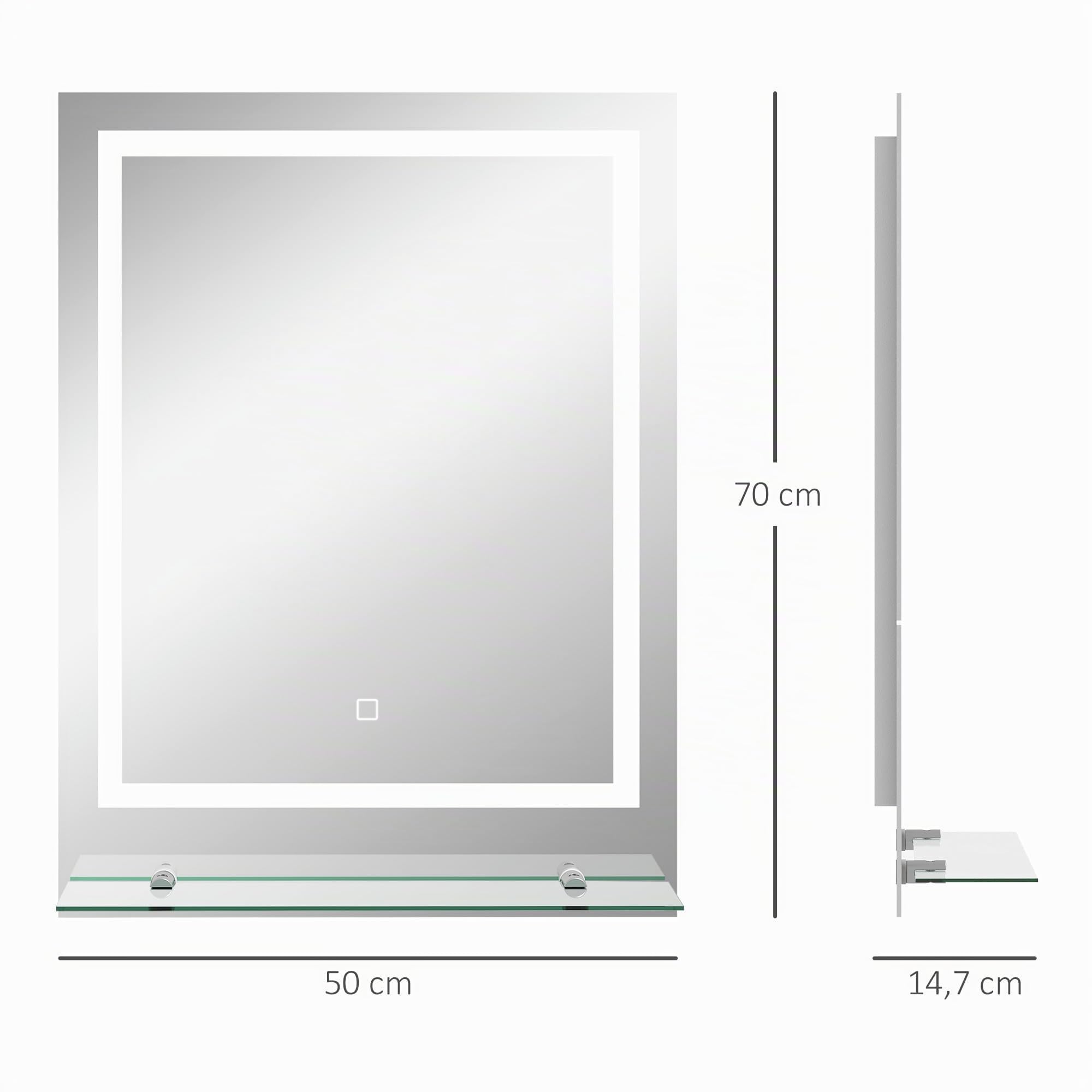 kleankin Badspiegel mit Beleuchtung Rechteckig 70 x 50 cm Transparent