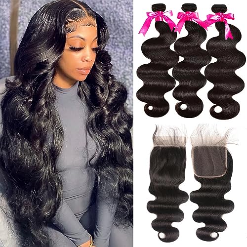 Body Wave Bundles with Closure for Black Women 100% Unprocessed Brazilian Body Wave Human Hair 3 Bundles with 4X4 Lace Closure Free Part Natural Color