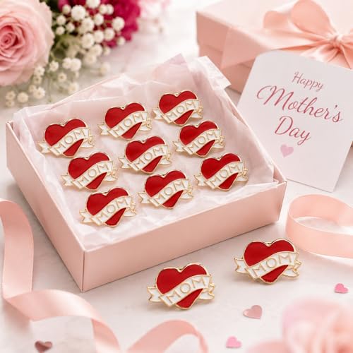 Image of LUOZZY 12pcs Mom Heart Pins Red Enamel Love Brooches for Mothers Day | Eye-Catching Red Heart Mom Enamel Pins For Birthday Parties