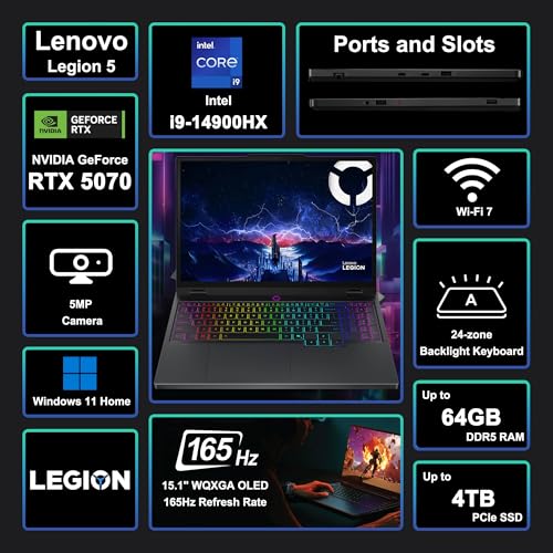 Image of Lenovo Legion 5i AI-Powered Gaming Laptop 15.1 inch WQXGA 2560x1600 OLED 165Hz Intel 24-core i9-14900HX 32GB RAM 1TB SSD GeForce RTX 5070 DLSS4 (Up to 798 AI Tops) RGB Backlit Win11 ICP Hub