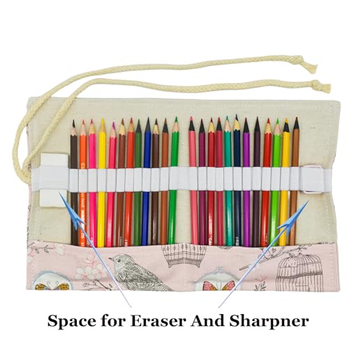 Image of Lopenle Butterfly Colored Pencil Wrap Canvas Floral Roll Up Holders Birds Pencil Organizers for Artist Coloring Travel Storage with 24 Slots(Flower Butterflies Birds)