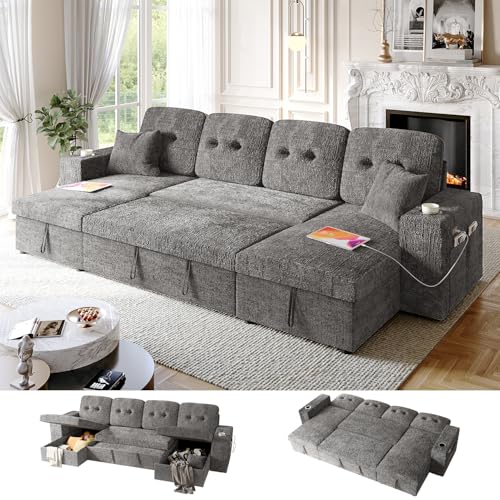 Image of Modular Sectional Sleeper Sofa Bed, 117 inch U-Shaped Sofa with Dual Storage Chaise | Reclining Backrest | Wide Armrest, Couches for Living Room, 4 in 1 Pull Out Couch Bed, Grey