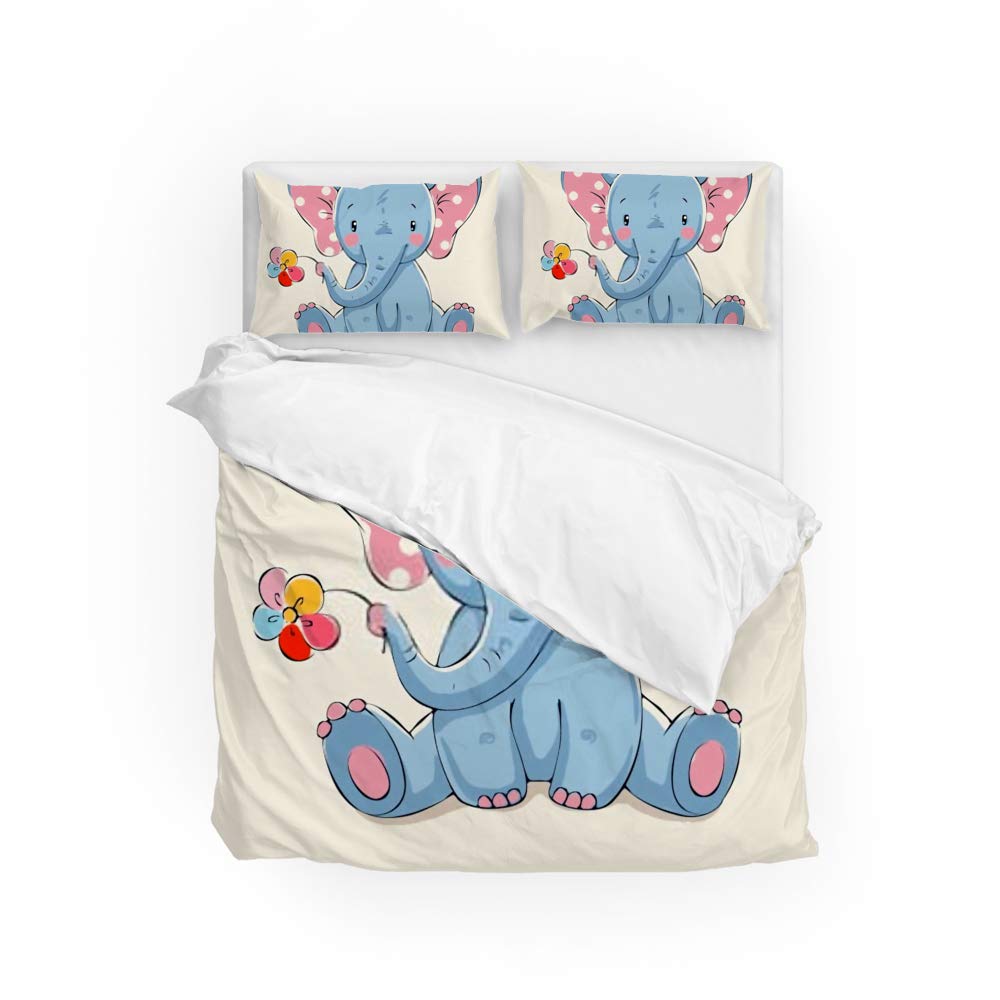 Housse de couette avec 2 taies d'oreiller motif éléphant bleu drap lit polyester