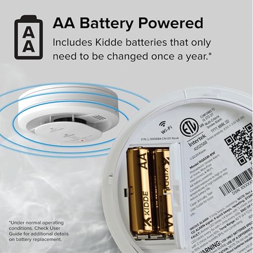 Image of Kidde Smart Smoke Detector, Ring App Enabled for Real-Time Notifications, Wire-Free Interconnectivity, AA Battery Powered