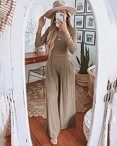 Image of BTFBM Women's Two Piece Lounge Set Long Sleeve Bodycon Ribbed Knit Crop Top Loose Wide Leg Pant Casual Outfits Sweatsuit