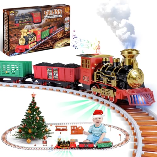 Electric Train Set for Boys Girls Battery Operated Toy Train with Cold Steam Mist Realistic Lights and Sounds DIY Tracks Educational Vintage Locomotive Play Set for Toddlers Kids Age 3-8