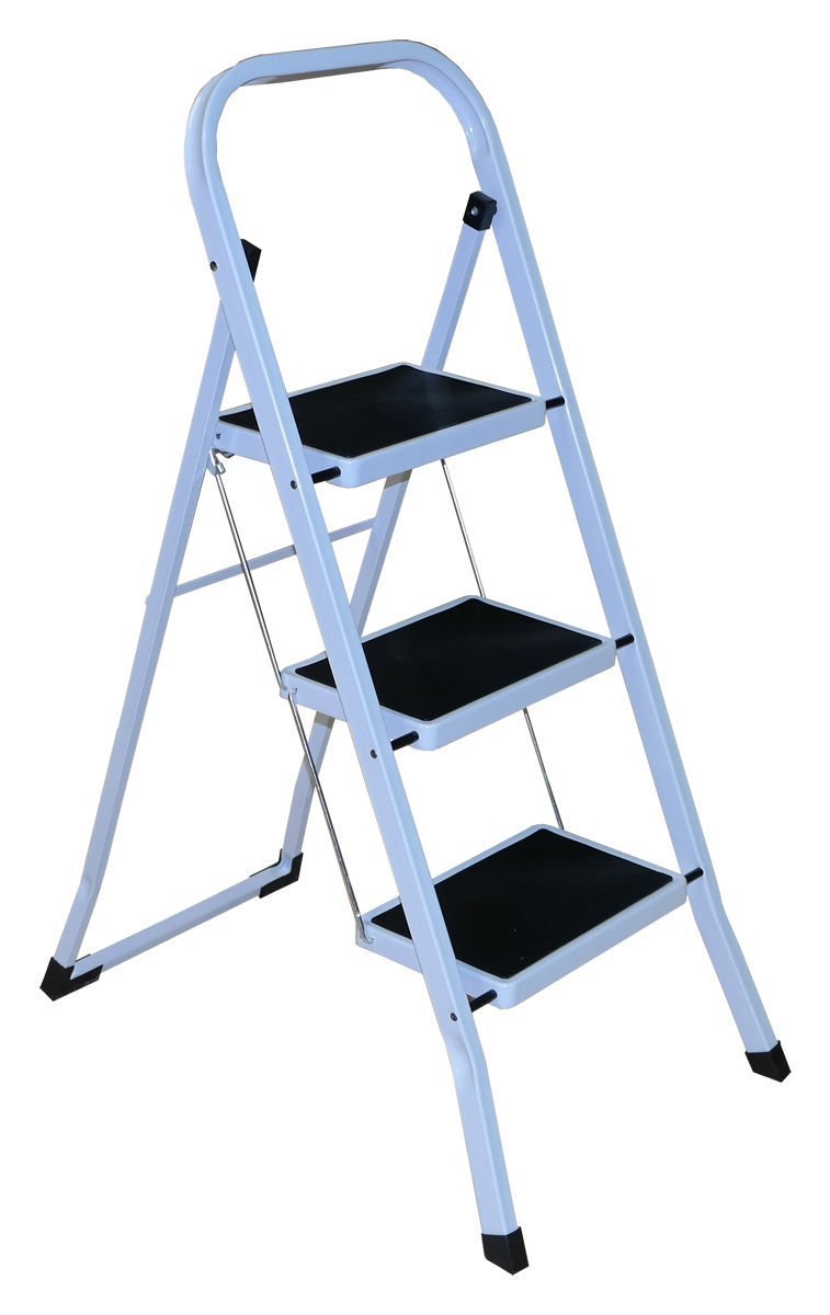 Harewood 3 Step Ladder - Foldable Metal Ladder with Rubber Anti Slip Tread Mats