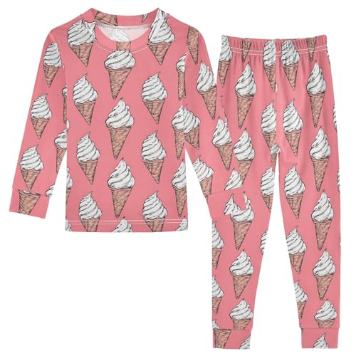Ice Cream Pink Pattern Cute Pajama Sets Long Sleeve Top and Pants, Snug Fit Sleepwear for Night Wears