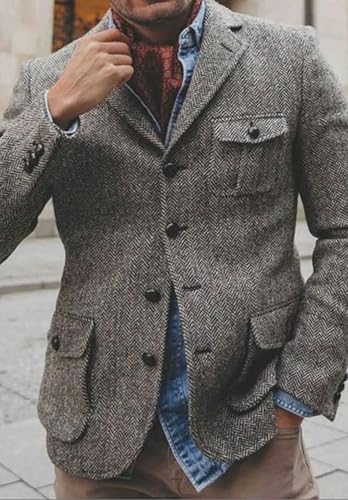 Men's Vintage British Herringbone Tweed Blazer Wool Blend Sport Coat Casual Business Wedding Jacket4