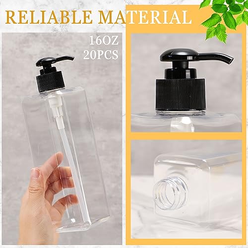 20 Pack 16oz/ 500ml Plastic Empty Bottles Refillable Shampoo Containers with Pump Lightweight Square Soap Dispenser Bottles for Essential Lotions, Shampoos, Conditioner, Massage Oil (Clear, Black)2
