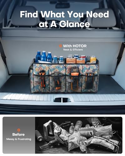 Image of HOTOR Trunk Organizer - Foldable Car Organizer for SUVs & Sedans Storage | Sturdy Car Organization for Men & Women, Car Accessories Tools, Sundries, Blue Flower, 2 Compartments, 21.3 inch x 12.6 inch x 10.6 inch