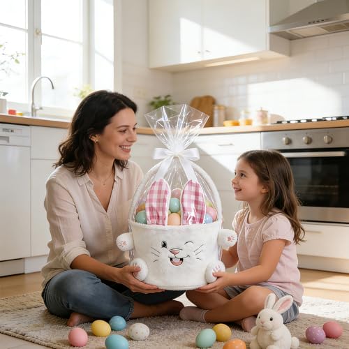 Image of ARVINKEY Easter Bunny Basket, Plush Bunny Easter Egg Hunting Bucket Bags with Rabbit Ears Egg Gift Bags Tote Bags for Easter Decorations,Candy Gifts Storage
