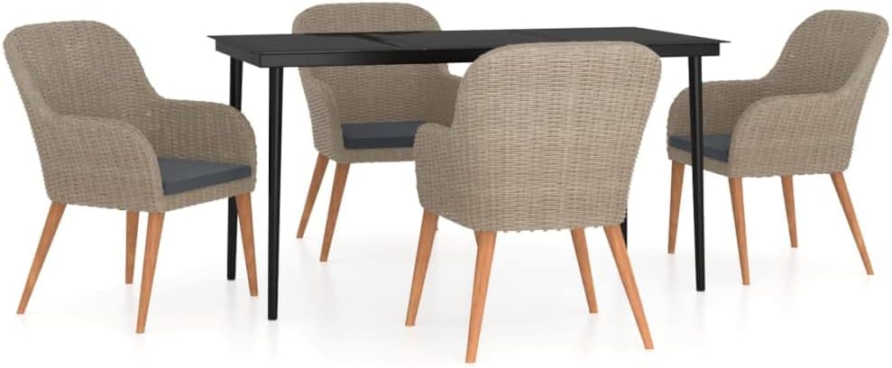vidaXL Patio Dining Set 5 Piece with Cushions - Brown/Black Outdoor Furniture - Poly Rattan/Steel/Acacia Wood - Garden/Patio/Deck Use - 55.1"x27.6"x29.1" Table + 4 Chairs