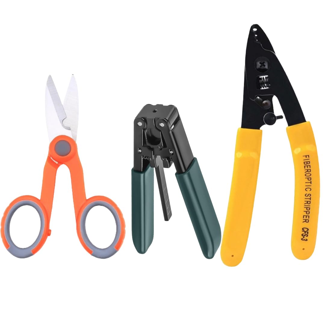 Corslet 3 in 1 Fiber optic Tool Kit, 1 PC Fiber Optic Drop Cable Stripper & 1 PC CFS-3 Fiber Optic Stripper 3 Port Hole Stripping Tool & 1 PC Kevlar Shears for FTTH Drop Cables,Stripping Plier.