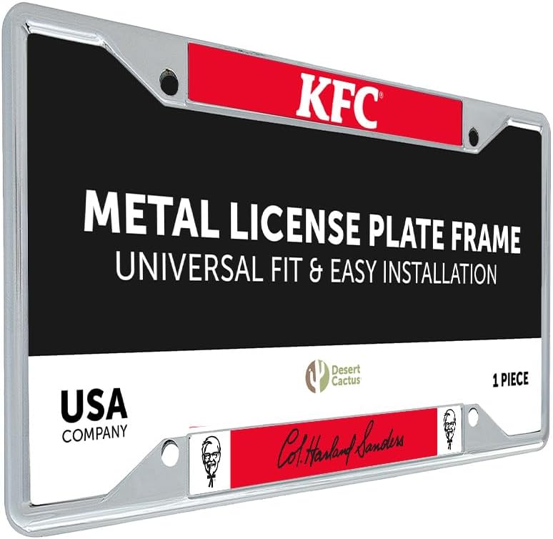 Desert Cactus KFC License Plate Frame Kentucky Fried Chicken Metal Car Tag Holder for Front or Back of Car Officially Licensed (Style A) (Silver)