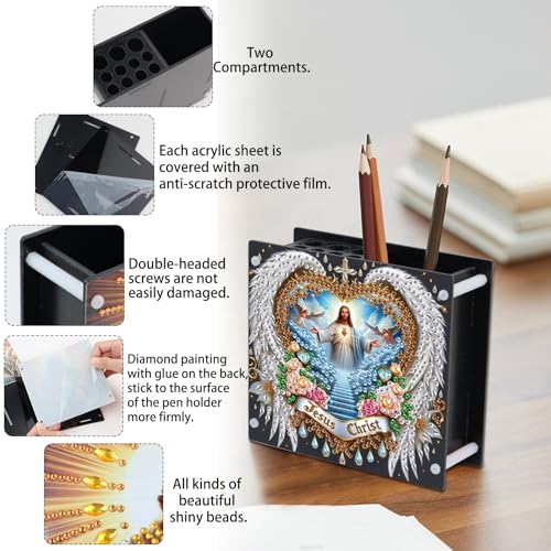 Image of Jesus Diamond Painting Pen Holder, DIY 5D Crystal Rhinestones Diamond Art Pencil Organizer, Decorative Desk Storage for Home and Office Supplies, Perfect for Storing Pens, Pencils, and Rulers