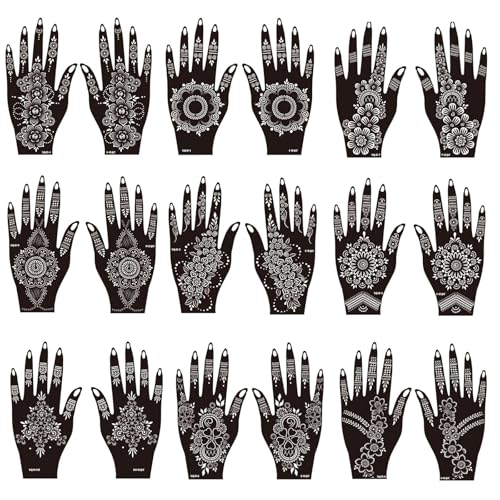 Henna Tattoo Stencils Kit, 18Temporary Tattoo Stenci Indian Mehndi Designs for Hands, Traditional Body Art