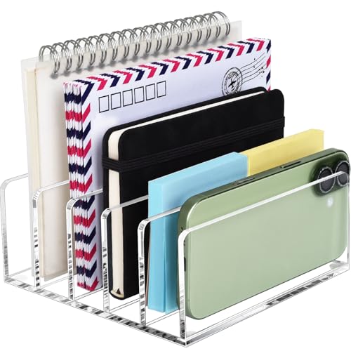 BEYGORM Acrylic Mail Holder, Clear Multifunction Desk Organizer with Divider, Vertical Letter Sorter...