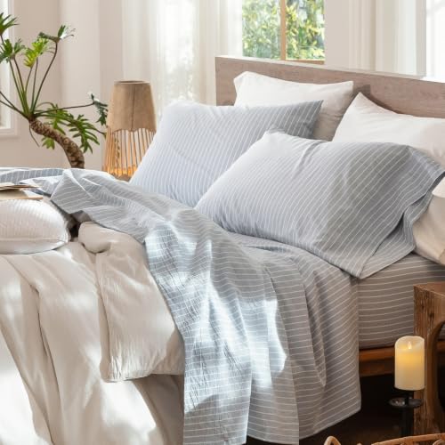 Image of MooMee Striped Sheet Set 100% Washed Cotton Linen Like King