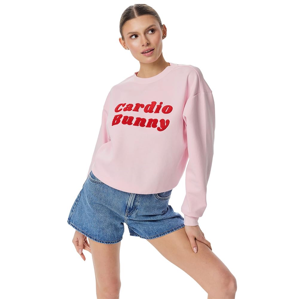 Women's Relaxed Fit Ribbed Crew Neck Oversized Sweatshirt with Brand Center Chest Script & Back Neck Logo, Pink, XS-image-0