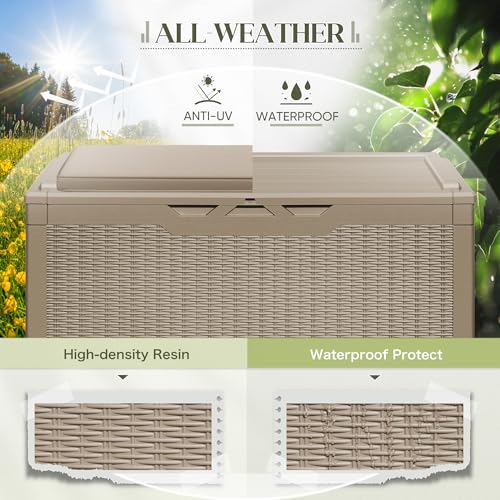 Image of Greesum 100 Gallon Resin Deck Box Outdoor Storage with Cushion, Coffee