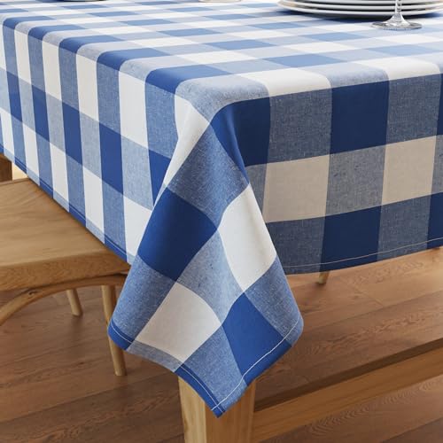 Image of Encasa XO Cotton Rectangular Table Cloth for 4 to 6 Seater | (140x180 cm) | Buffalo Blue Checks | Dining Tablecloth for Decoration