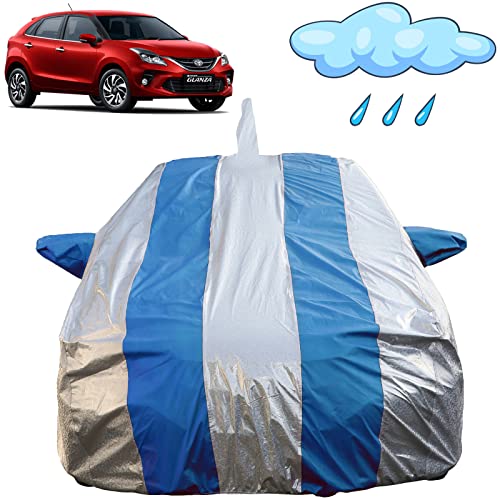 Image of Autofact Waterproof Car Body Cover Compatible with Toyota Glanza with Mirror and Antenna Pockets (Blue Stripes with Shinning Silver Fabric /Waterproof Cover)