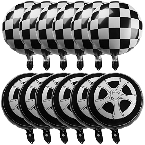 12 Pcs Tire Balloons Black and White Checkered Balloons 18 Inch Race Car Balloons Wheel Foil Balloons for Baby Shower Gender