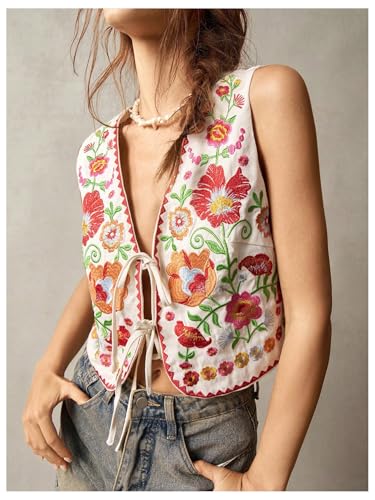 GORGLITTER Women's Tie Front Embroidered Floral Vest Tops Sleeveless Cardigan Boho Western Outfits4