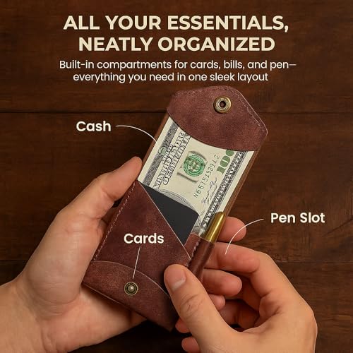 Vintage Handmade PU Leather Wallet for Men, Multifunctional Compact Trifold Wallet with Pen Slot, Slim Card Organizer with Cash Compartment for Daily Carry (1 Pcs, Wallet+pen)3
