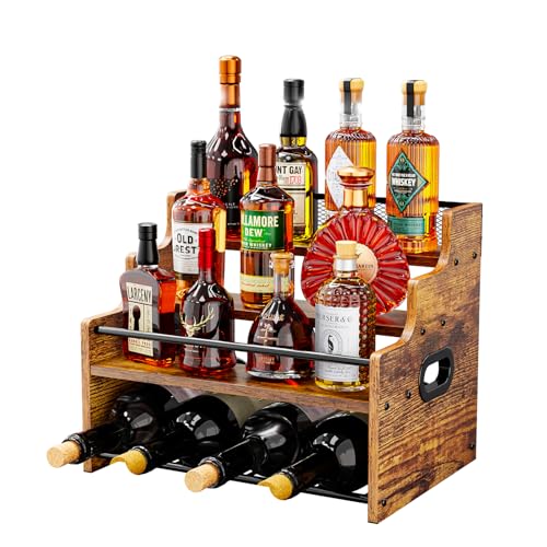 Image of KLM 4-Tier Liquor Bottle Display Shelf,Rustic Brown Bottle Organizer