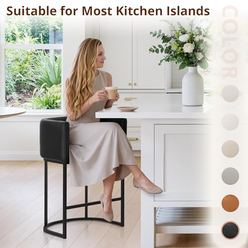 Image of LUE BONA Counter Height Bar Stools Set of 3, Modern Barrel Counter Stools with Backrest and Arms, Black Metal Frames, Faux Leather Upholstered Accent Barstools for Kitchen Island, Black