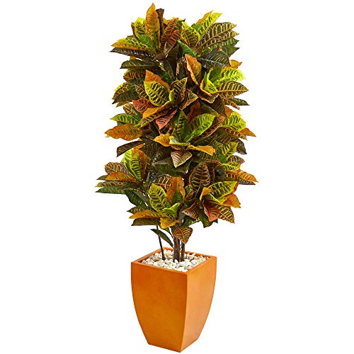 Nearly Natural 5.5ft. Croton Artificial Plant in Orange Planter (Real Touch)