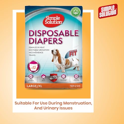 Image of Simple Solution Disposable Diapers for Dogs, Insta Shield Core, Leak-Proof, Fur-Friendly Fasteners, Ideal for Females in Heat, Incontinence & Travel - Pack of 12 (L-XL)