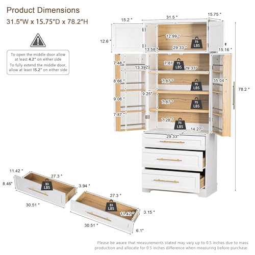 Image of Ball & Cast 78″Tall Farmhouse Kitchen Pantry Cabinet with 8 Door Shelves & 3 Large Drawers,Versatile Pantry Storage Cabinet w /3 Adjustable Shelves for Kitchen,Dining Room,Retro White