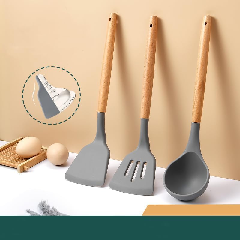 Image of Silicone Spatula Set of 3 - Wooden Handle Kitchen Tools (Red, White,Black,Blue, Green) - Heat Resistant, Non-Stick, Cooking & Mixing Spatulas for Non-Stick Pans (Gray)