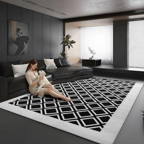 Washable Rug 8x10 – Soft Textured Area Rug with Non-Slip Backing, Modern Luxury Checkered Design, Machine Washable Carpet Perfect for Living Room, Bedroom, and Dining Room, Black — view 2