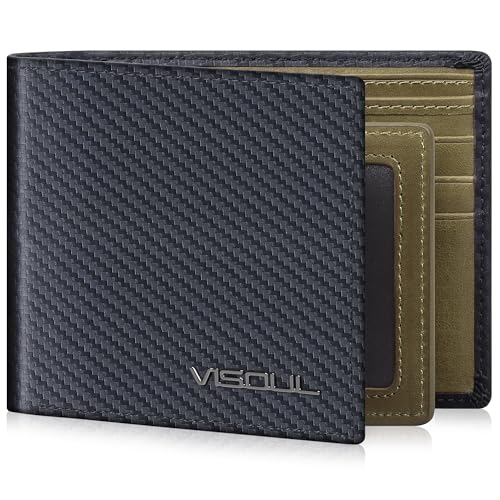 VISOUL Leather Mens Bifold RFID Blocking Wallet with 2 ID Windows, Leather Wallet for Men (Carbon Fiber, Black+Green)