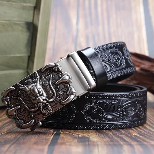 Mens Ratchet Western Belt Leather Cowboy Belts for Men with Automatic Western Engraved Buckle Belt (35Mm),Black a,105CM/41.3''2