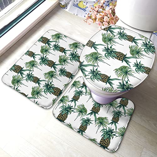 DIRYKILP Badematte + Konturmatte + Toilettendeckelbezug, Ölgemälde Ananas 3 Stück Badematte Set, mit rutschfester Klebeunterseite