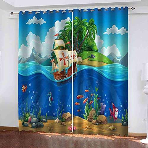BFYRYL Rideaux Occultant Bateau Pirate de Dessin animé Isolant Thermique décora de Fenêtre Rideau à Oeillets Isolation Bruits Tissu Lourd Polyester pour Enfant...