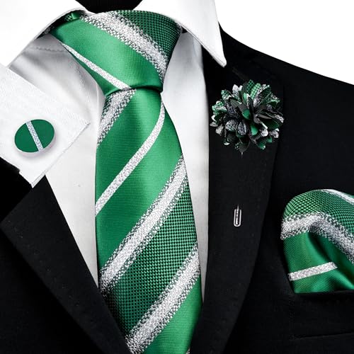 Image of GUSLESON 3.15 inch(8cm) Mens Stripe Tie and Lapel Pin Necktie Hankerchief Cufflinks Set for Men