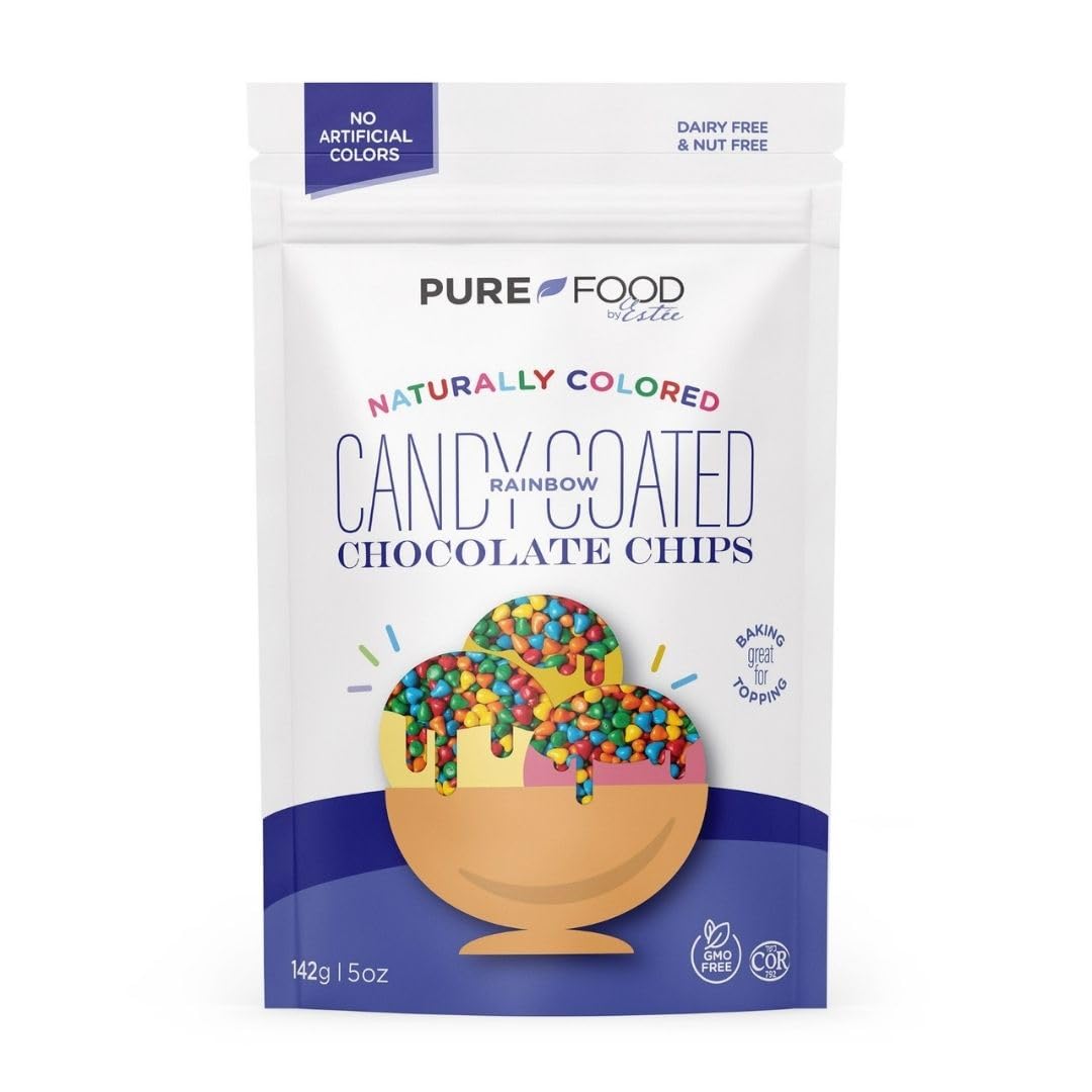 Pure Food By Estee Natural Rainbow Candy Coated Chocolate Chips, 5oz | Cosmic Brownie Sprinkles | Vegan | Mini Colored Chips for Baking | Soy Free, Gluten Free, Dairy Free, Nut Free